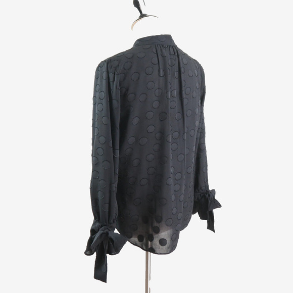 Ann Taylor Size Petite M Keyhole Neck Blouse Tie Black Polka Dot - Picture 3 of 11